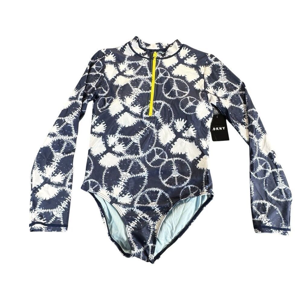 NWT DKNY 14 Girls One-piece Rash Peace Long Sleeve Guard Bathing Swim Suit $54